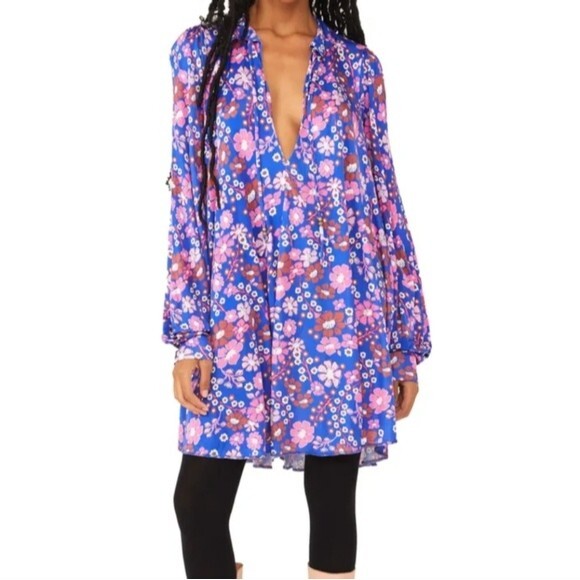 Free People Daisy Jane Long Sleeve Mini Dress size S in botanical combo - Picture 2 of 7